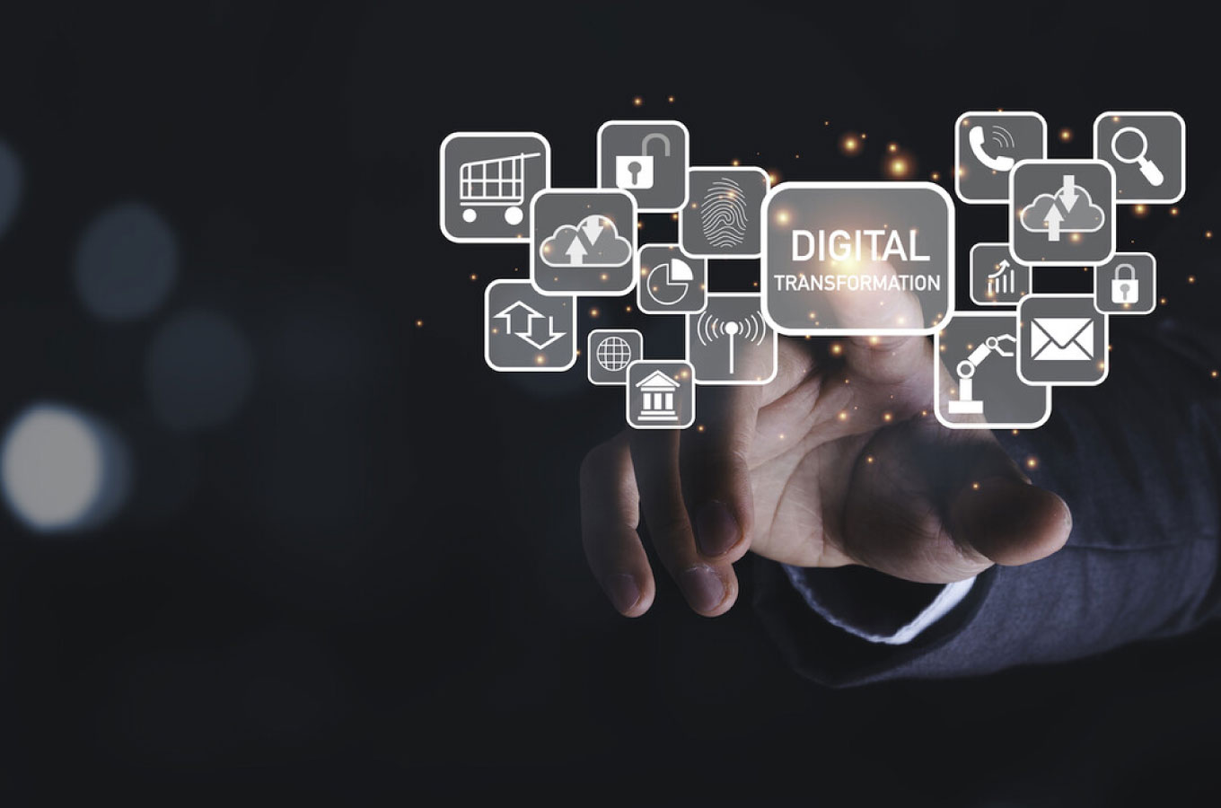 Ilustración de herramientas tecnológicas como nube, inteligencia artificial y análisis de datos, representando la transformación digital en empresas B2B.