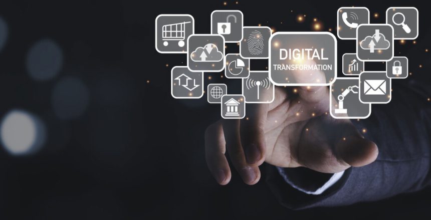 Ilustración de herramientas tecnológicas como nube, inteligencia artificial y análisis de datos, representando la transformación digital en empresas B2B.